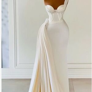Mermaid One Shoulder Ivory Beaded Ruffles Long Prom wedding Evening Formal
